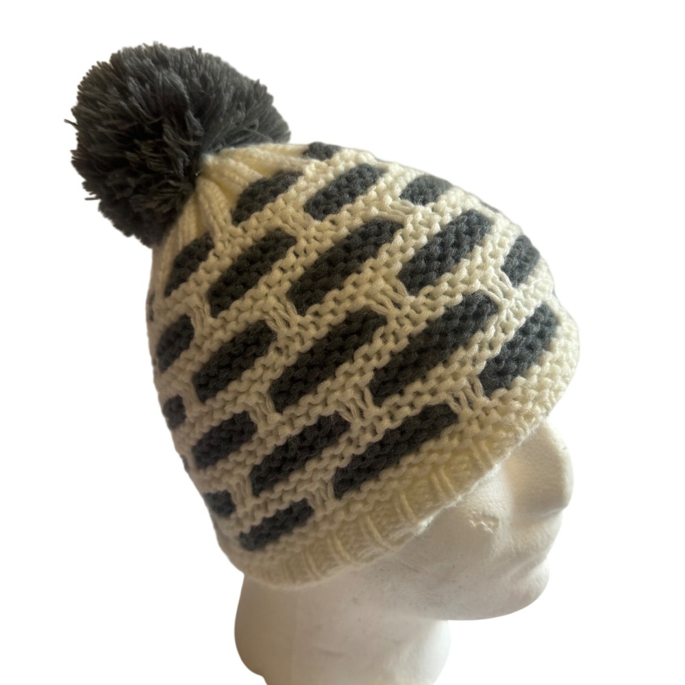Knit Beanie Hat Pom Pom Cream Charcoal Grey Brick Pattern 166449DG OS